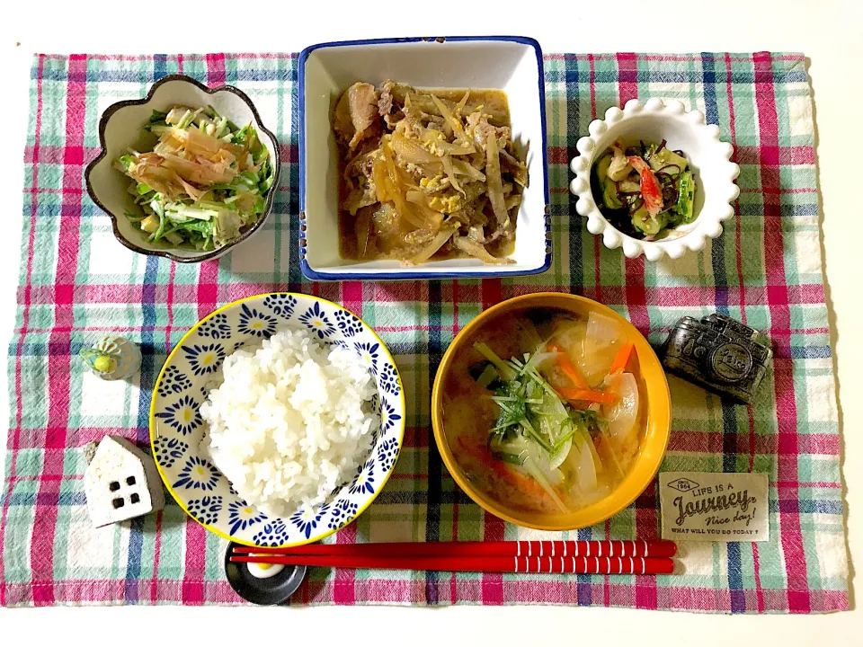 ✳︎豚肉とごぼうの柳川風✳︎水菜と竹輪の胡麻マヨサラダ✳︎きゅうりの塩昆布和え✳︎味噌汁|syamさん