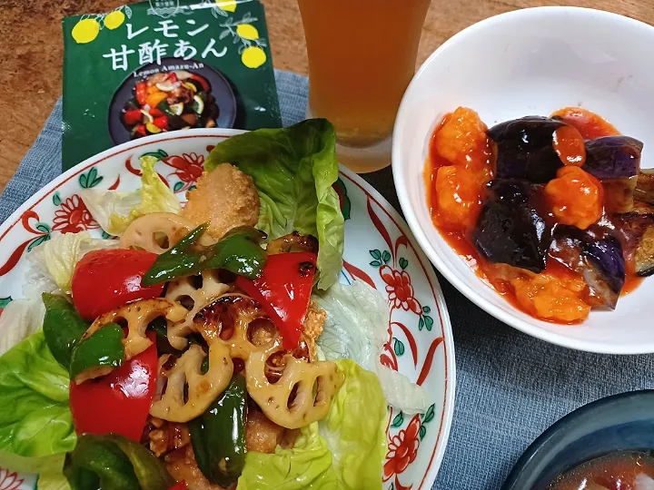 Snapdishの料理写真:レンチンむね肉のノンフライ竜田揚げ野菜のレモン甘酢あんかけと茄子冷凍エビチリ|ぱいんてーるさん