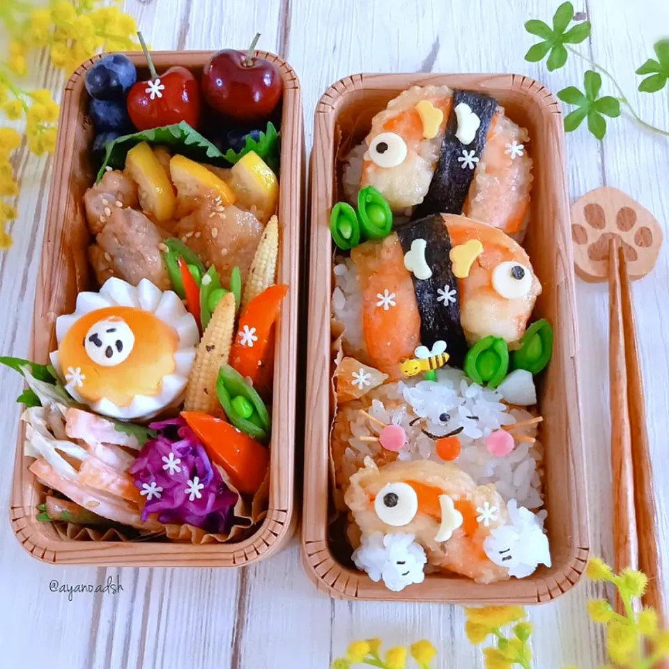 Snapdishの料理写真:天むすおにぎり弁当
～ネコ🐱とさかな🐟～|ayano.adshさん