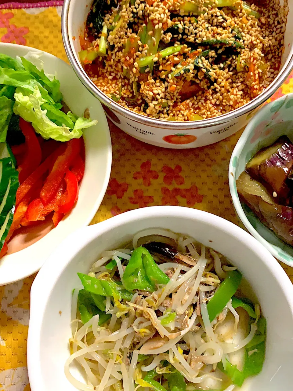 オイルサーディンともやしピーマン🫑炒め　茄子🍆の焼き浸し　サラダ🥗　小松菜キムチ|掛谷節子さん