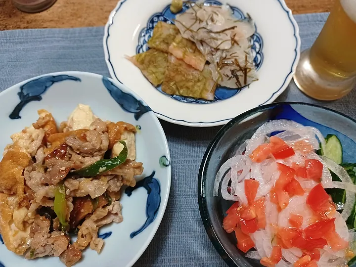 Snapdishの料理写真:豚肉とちぎり厚揚げの甘辛炒め|ぱいんてーるさん