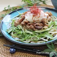 Snapdishの料理写真:豚コマで作る♬冷たい肉うどん✨温泉たまご♨️のっけ﻿