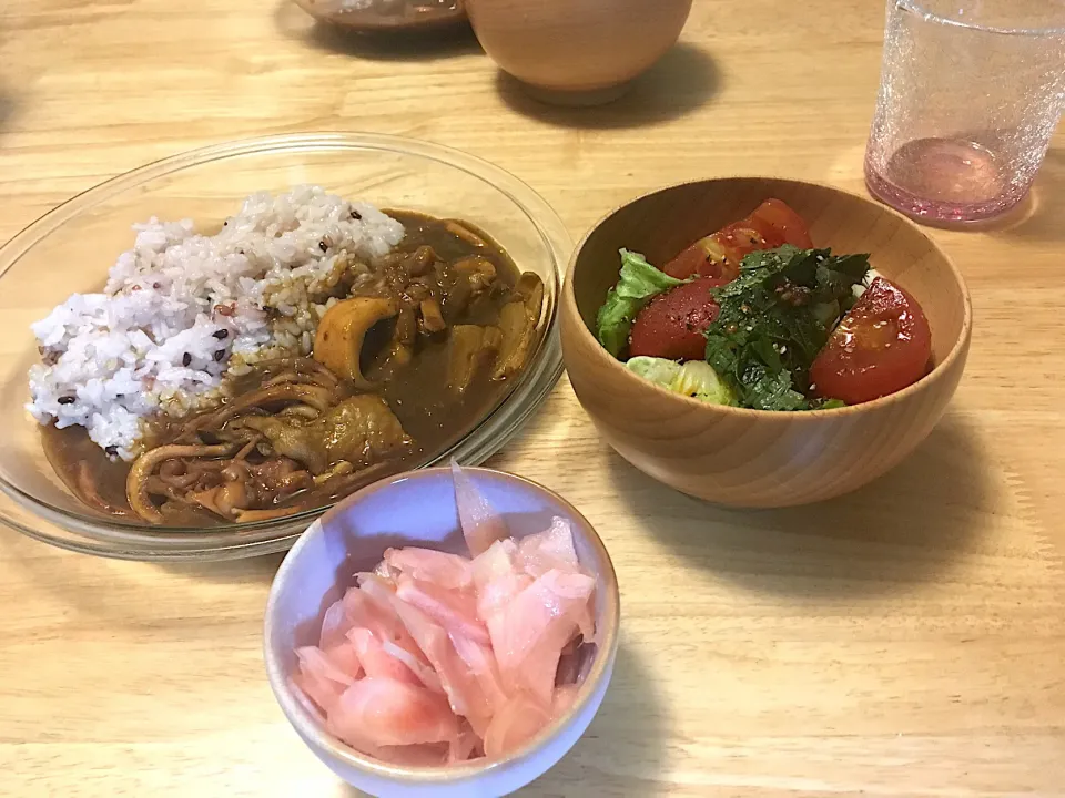 昨日の晩ゴハン〜釣りたてイカ🦑のカレーと自家製しょうが甘酢漬け、サラダ😋💓|さくたえさん