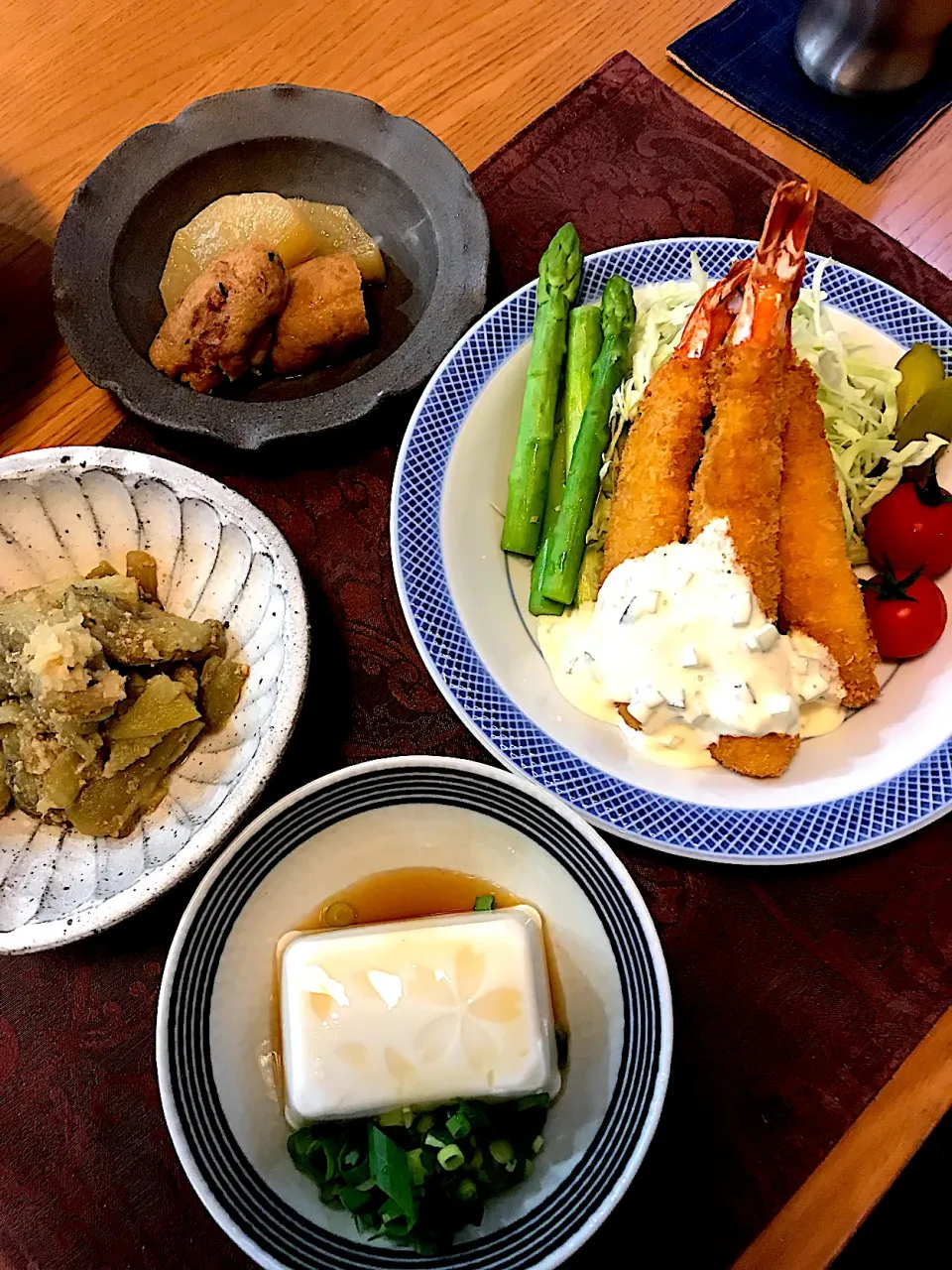 海老フライ、焼き茄子、大根とがんも炊き|sobacoさん