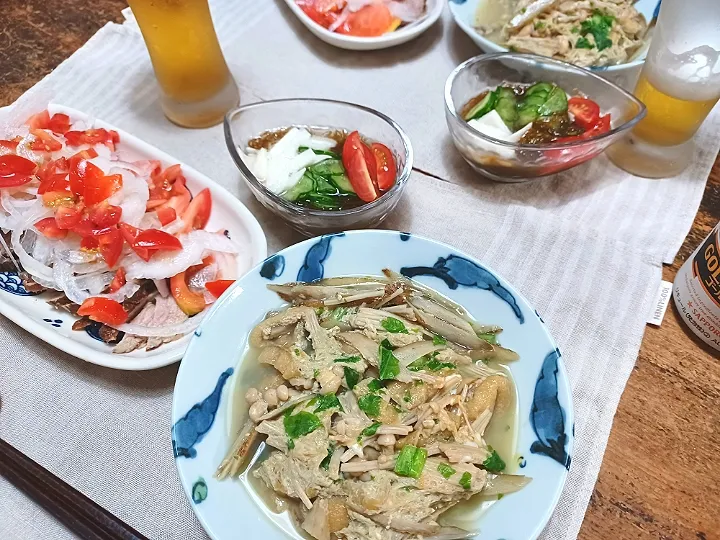 牛蒡とお揚げの卵とじ、紅茶豚のさっぱり野菜乗せ、もずく酢|ぱいんてーるさん