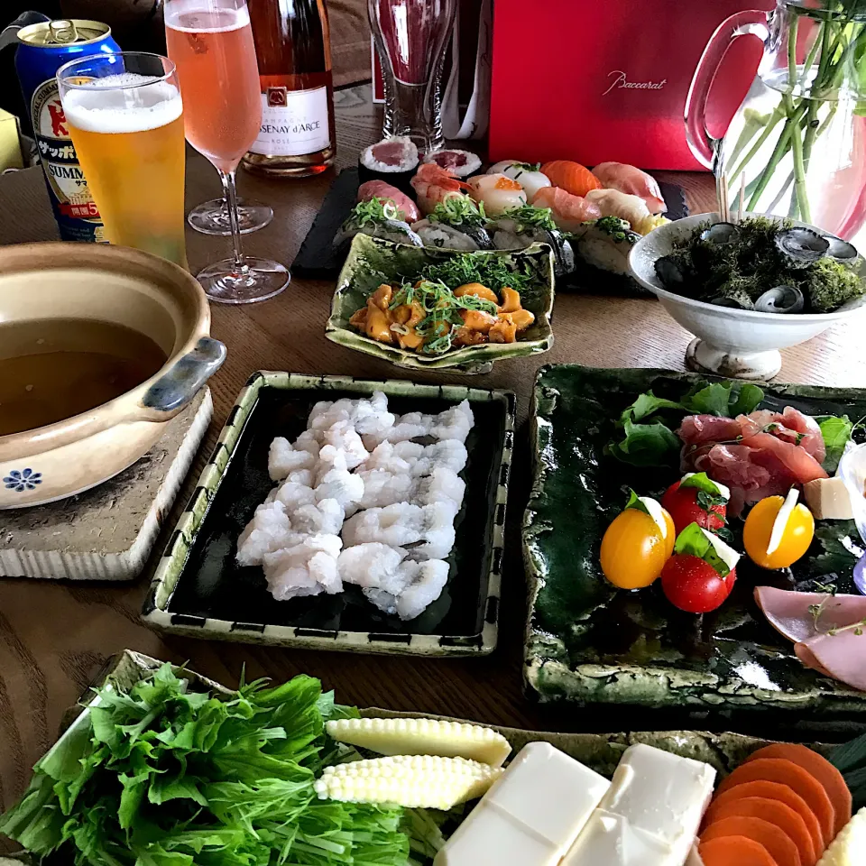 Snapdishの料理写真:父の日イブ　鱧すき　寿司　ビールとシャンパン|izunさん