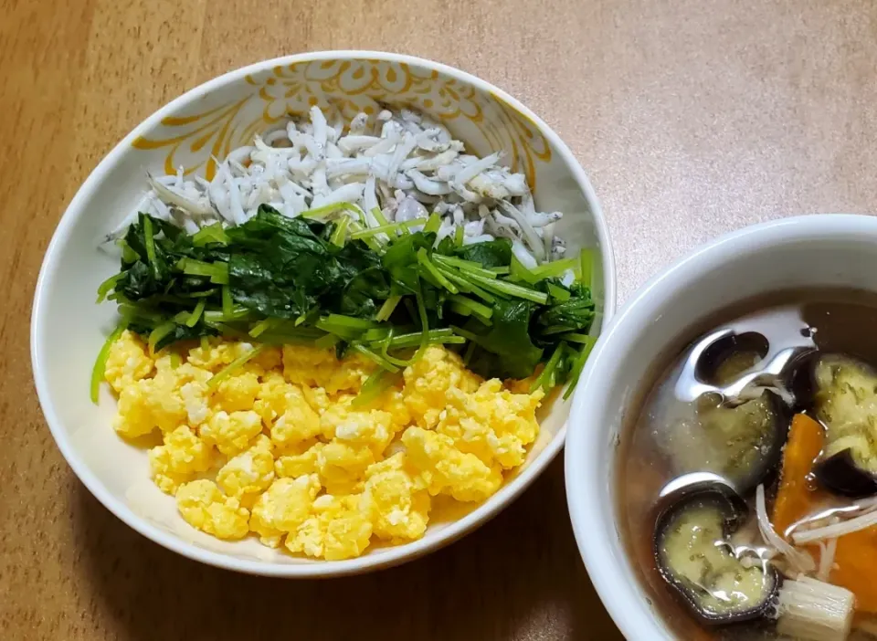 釜揚げしらすと三つ葉と卵の丼
長なすとにんじんとえのき茸の味噌汁|ナナさん