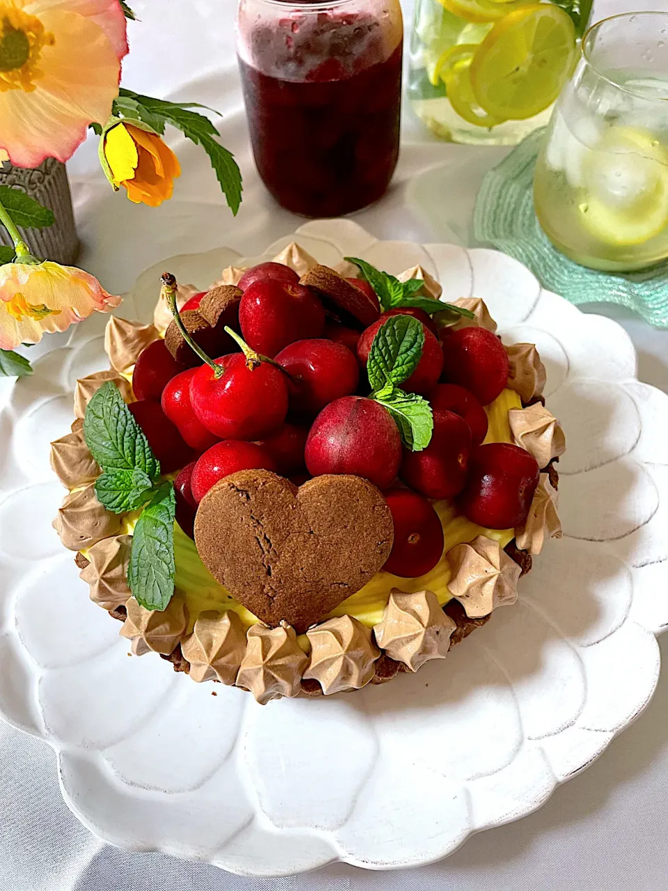 アメリカンチェリーのチョコタルト🍒&ミントウォーター&アメリカチェリーのコンポート|いっちゃんさん