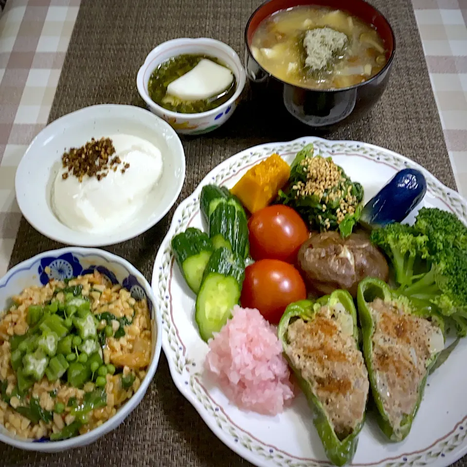 今日の夕飯★ピーマンの肉詰め★ツルムラサキとオクラと山椒入りキムチ納豆★朧豆腐★紫の酢玉ねぎソースにハマっています(^^)|riko30294さん