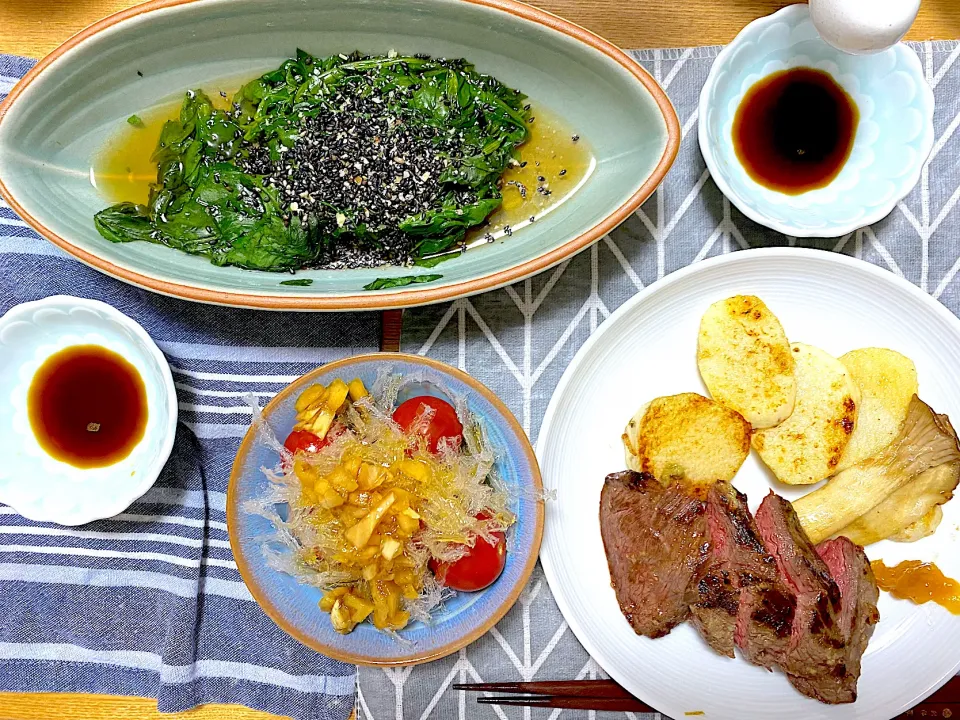 牛肉のさび焼き、エリンギと長芋のバター醤油ソテー、ほうれん草のおひたし、フルトマと寒天サラダ🥗|1614さん