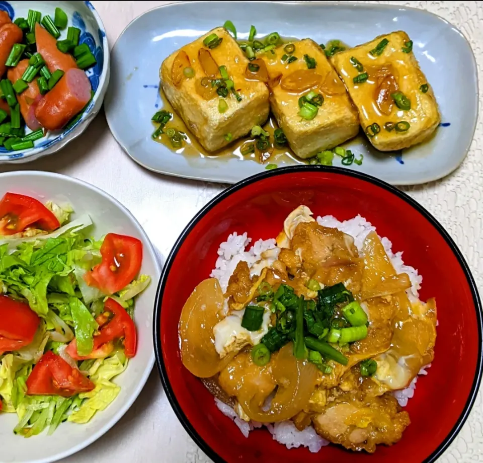 夕食  豆腐ステーキ  唐揚げ卵とじ丼  サラダ  🥚🥣🍚🥢🍅🥬🥒

#夕食#おかず#レンチン#豆腐#簡単レシピ#ご飯が進む#美味しい|susumi1123さん