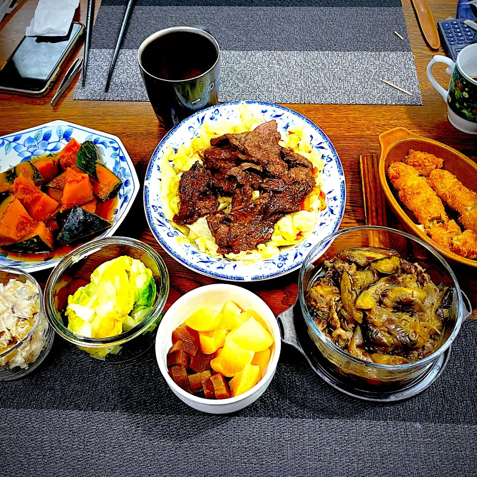 串カツ残り、茄子と牛バラ肉の甘辛旨味炒め残り、南瓜の煮物、カルビ焼肉、野菜炒め、常備菜、漬物|yakinasuさん