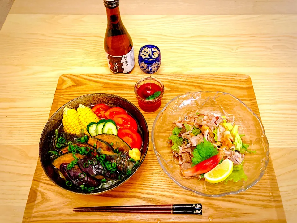 今日の夕食　夏野菜たっぷり、冷んやりそうめん　おろし冷しゃぶサラダ　紫蘇ジュースでゼリー|ふわ猫はなちゃんさん