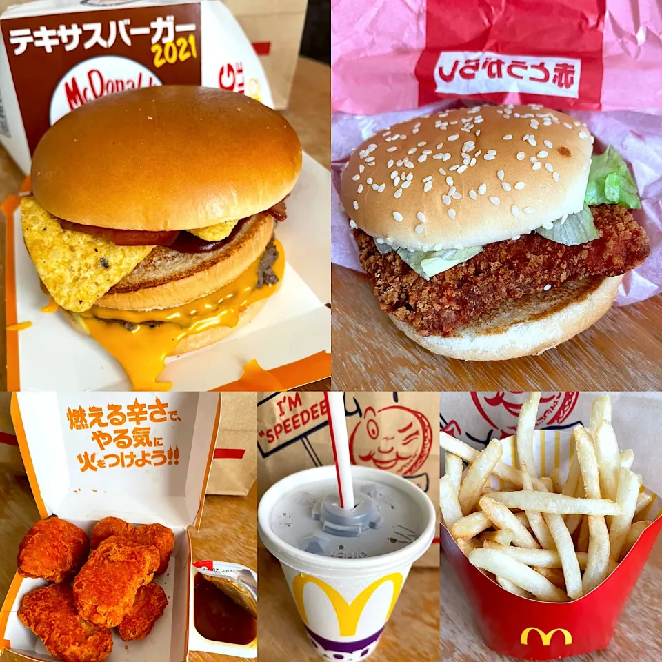 テキサスバーガー🍔　ジューシーチキン赤唐辛子バーガー🍔　スパイシーチキンナゲット（焦がしにんにくソース）　コカコーラ🥤　マックフライポテト🍟|るみおんさん