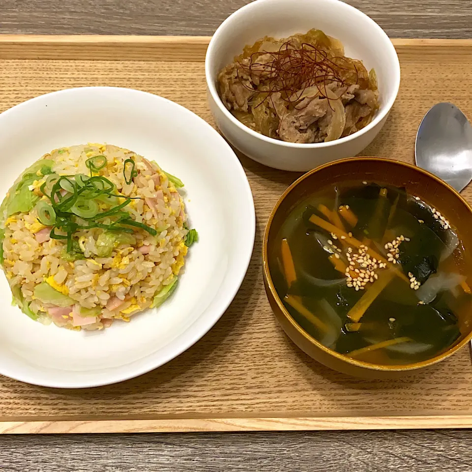 レタス炒飯 豚肉と玉葱のオイスター春雨 中華スープ|m iさん