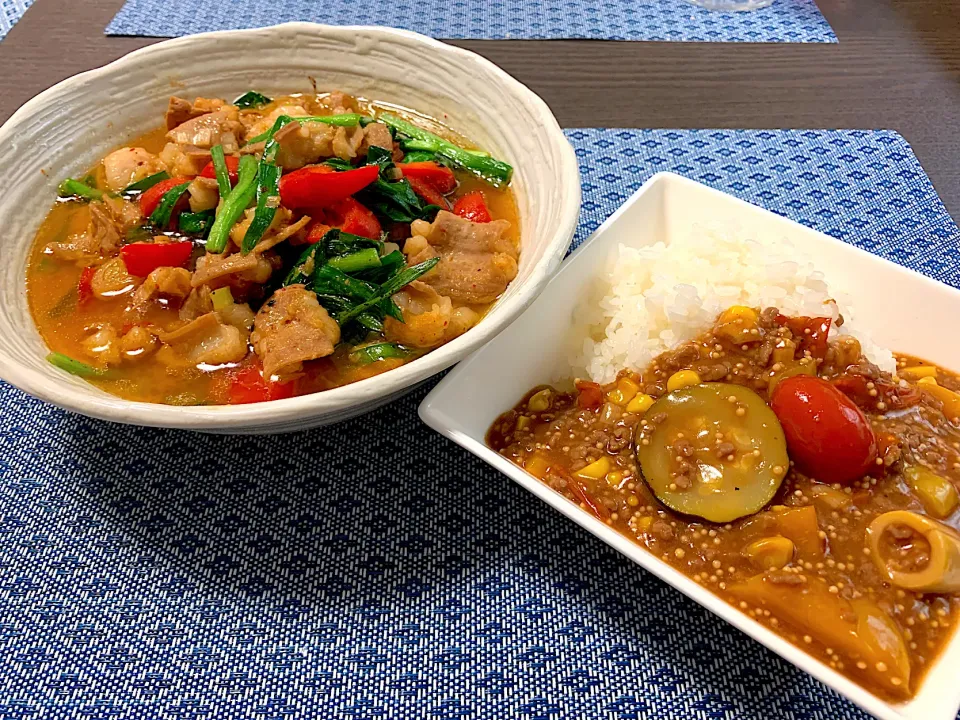 牛ホル味噌炒め。牛挽トマトサンラータン飯。|ゆっちこさん