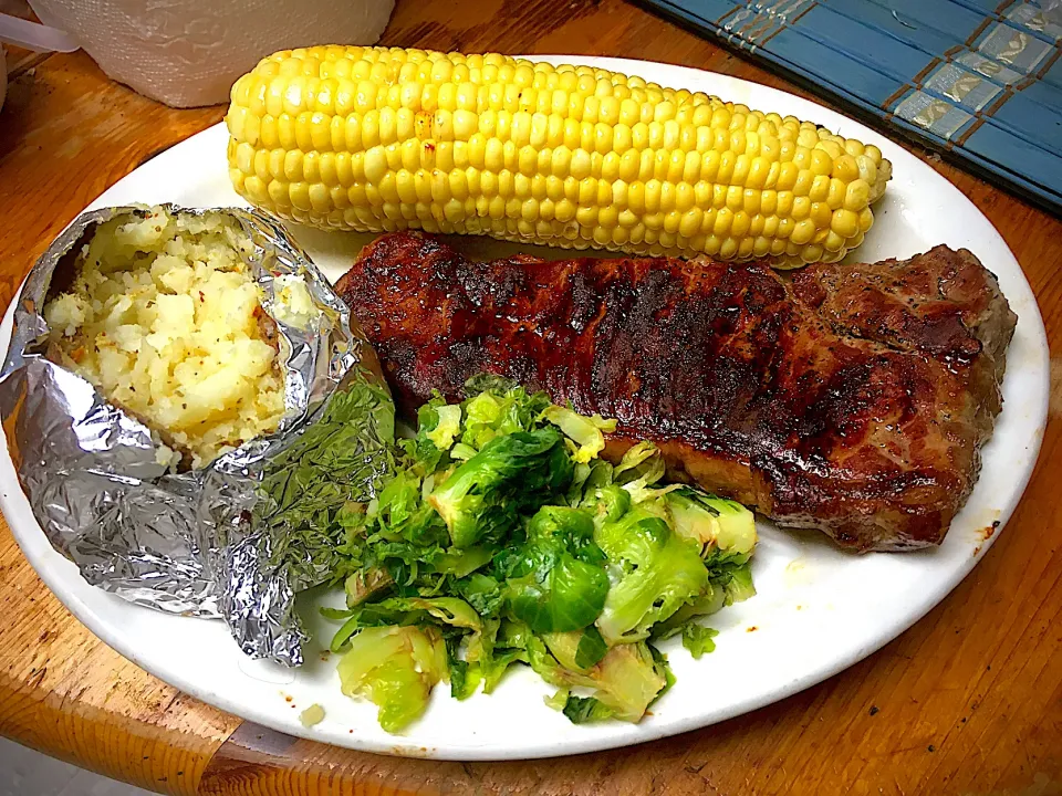 Grilled NY Strip, Baked Potato, Corn & Brussel Sprouts|Michaels Culinary Adventuresさん