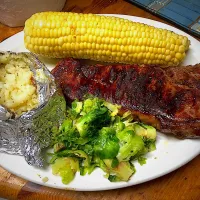 Snapdishの料理写真:Michaels Culinary Adventures's dish Grilled NY Strip, Baked Potato, Corn & Brussel Sprouts|Michaels Culinary Adventuresさん