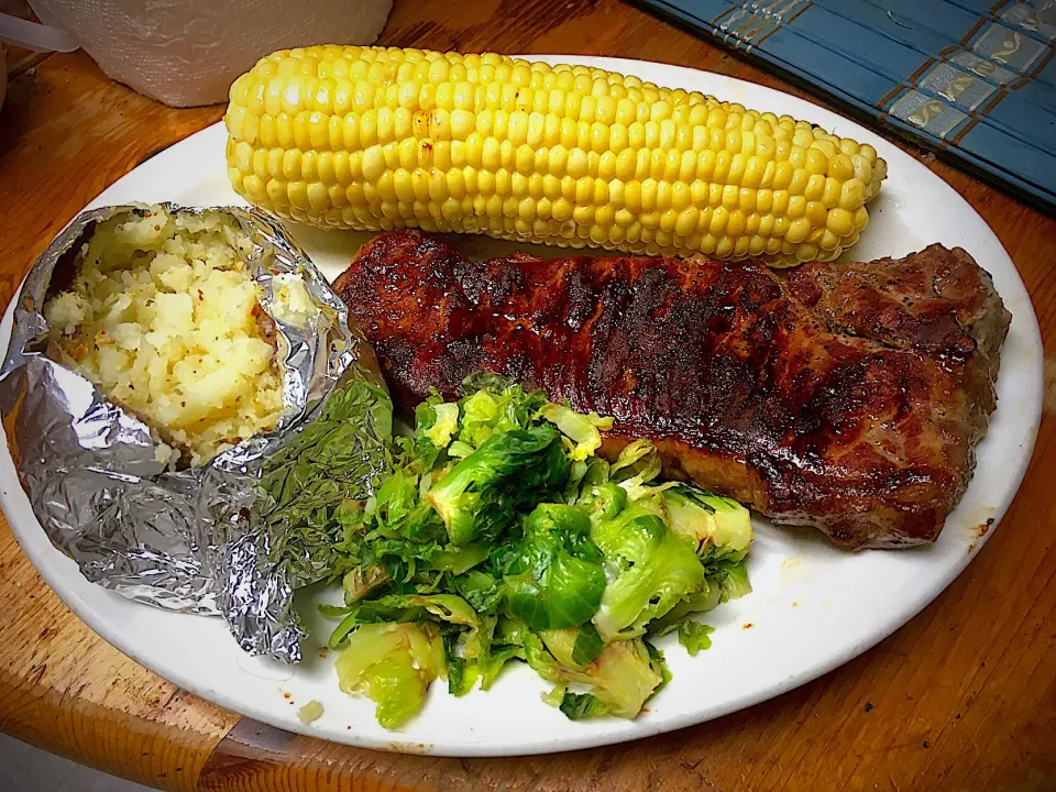 Michaels Culinary Adventures's dish Grilled NY Strip, Baked Potato, Corn & Brussel Sprouts|Michaels Culinary Adventuresさん