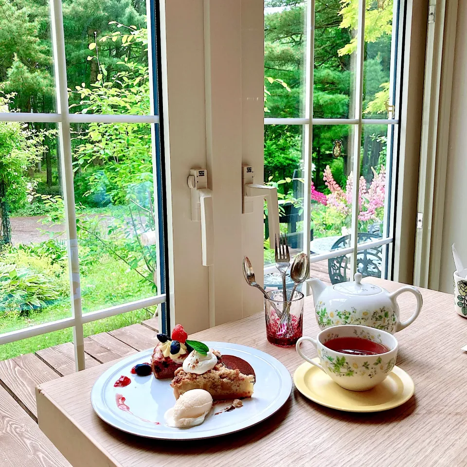 カフェ巡り☕️北海道厚真町「momo cafe」サツマイモのタルトとベリーのタルト盛り合わせ♡森カフェです🌲|Happy suzumeさん