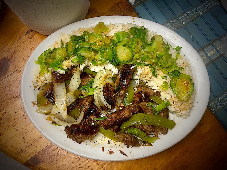 Grilled NY Angus Strip Steak, Bell Peppers & Onions with White Rice & Brussel Sprouts with soy sauce, garlic, black pepper and seasoning.|Michaels Culinary Adventuresさん