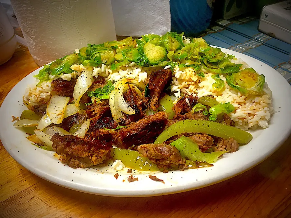 Michaels Culinary Adventures's dish Grilled NY Angus Strip Steak, Bell Peppers & Onions with White Rice & Brussel Sprouts with soy sauce, garlic, black pepper a|Michaels Culinary Adventuresさん