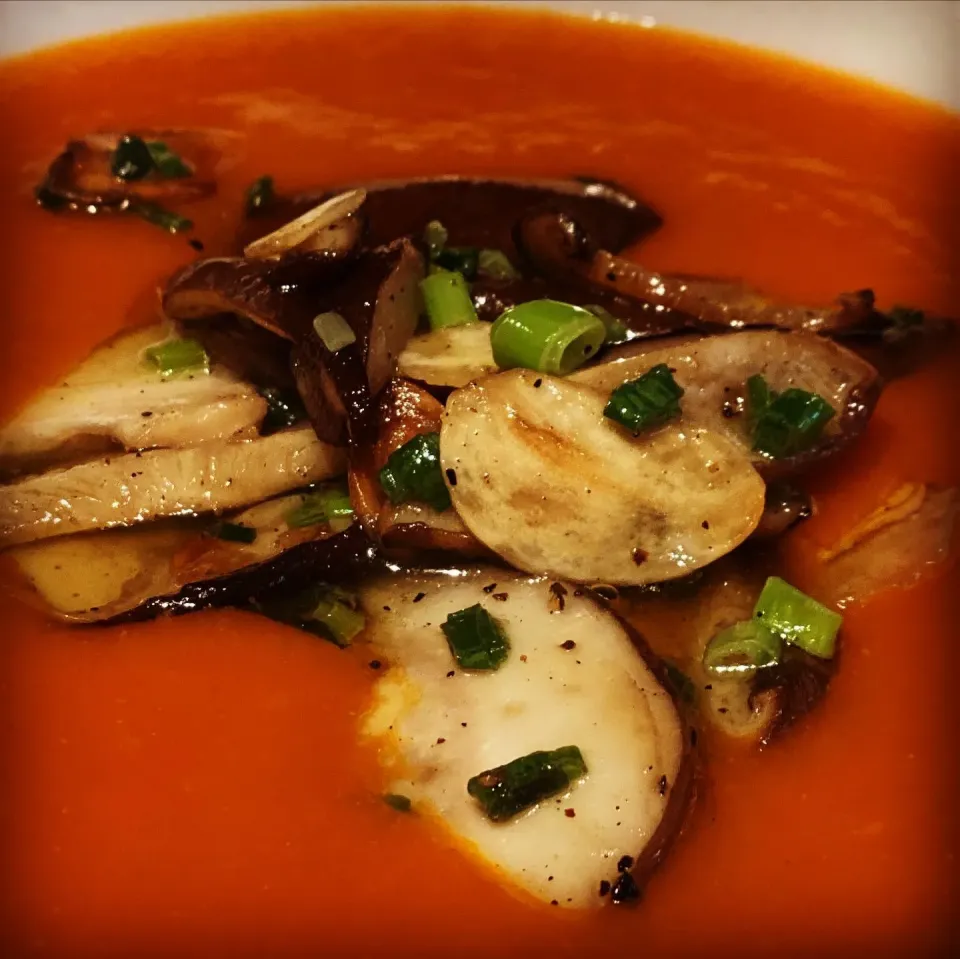 Snapdishの料理写真:Freshly Made Tomato & Apple Soup with Fresh coriander topped with Garlic Mushrooms 
Fresh tomatoes 
Tomato purée 
Fresh coriander 
Onion 
Salt & Pepper 
Garlic |Emanuel Hayashiさん