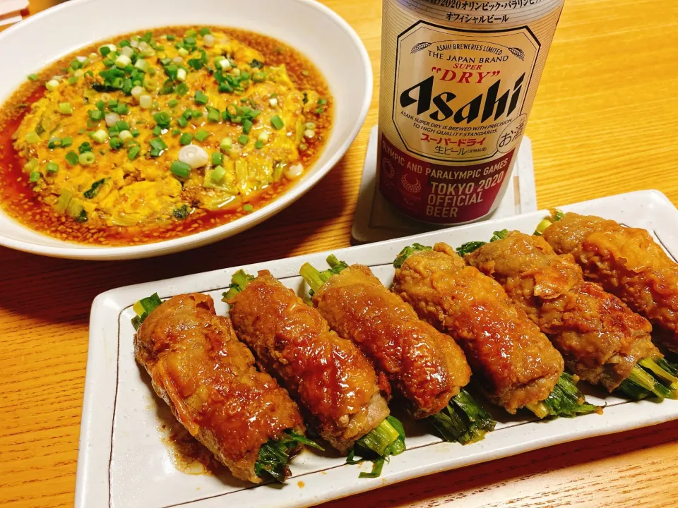 Snapdishの料理写真:‪‪青ネギの豚肉巻き
‪‪小松菜、ひき肉入り玉子焼き あんかけ|naoさん