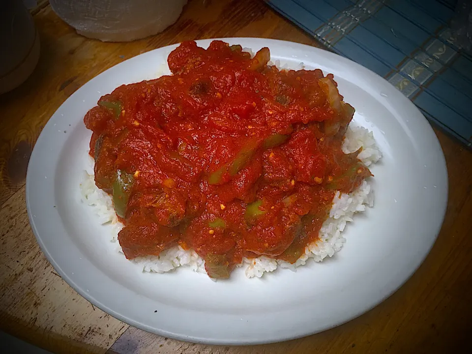 Marinara Beef Tips & Rice; NY Strip Grilled, Marinara, Onions, Bell Peppers, Garlic, White Rice and Seasoning|Michaels Culinary Adventuresさん