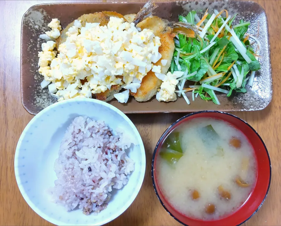 ６月２７日　鯵フライタルタルソース　サラダ　なめことわかめのお味噌汁|いもこ。さん