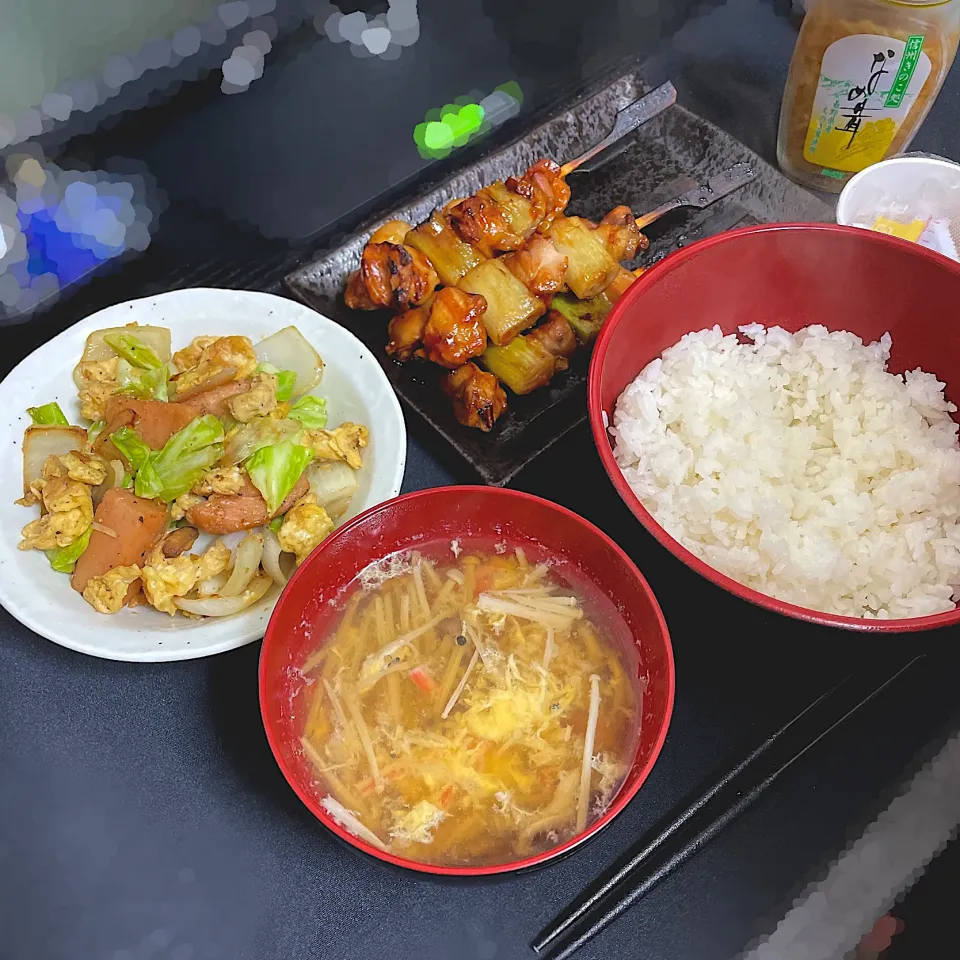 焼き鳥&スパムの炒め物|おいもさん