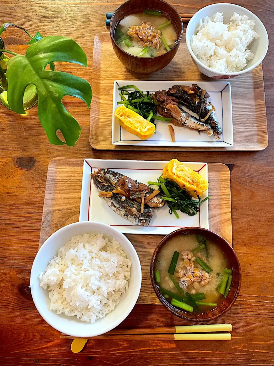 Snapdishの料理写真:いわしの梅煮、春菊のお浸し、だし巻き玉子、ニラと山芋納豆のお味噌汁|ＭＡＲＵＥ家の食卓さん