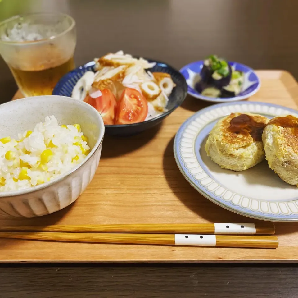 Snapdishの料理写真:揚げないコロッケ　とうもろこしご飯　なす味噌煮　大根サラダ|ちぐあささん