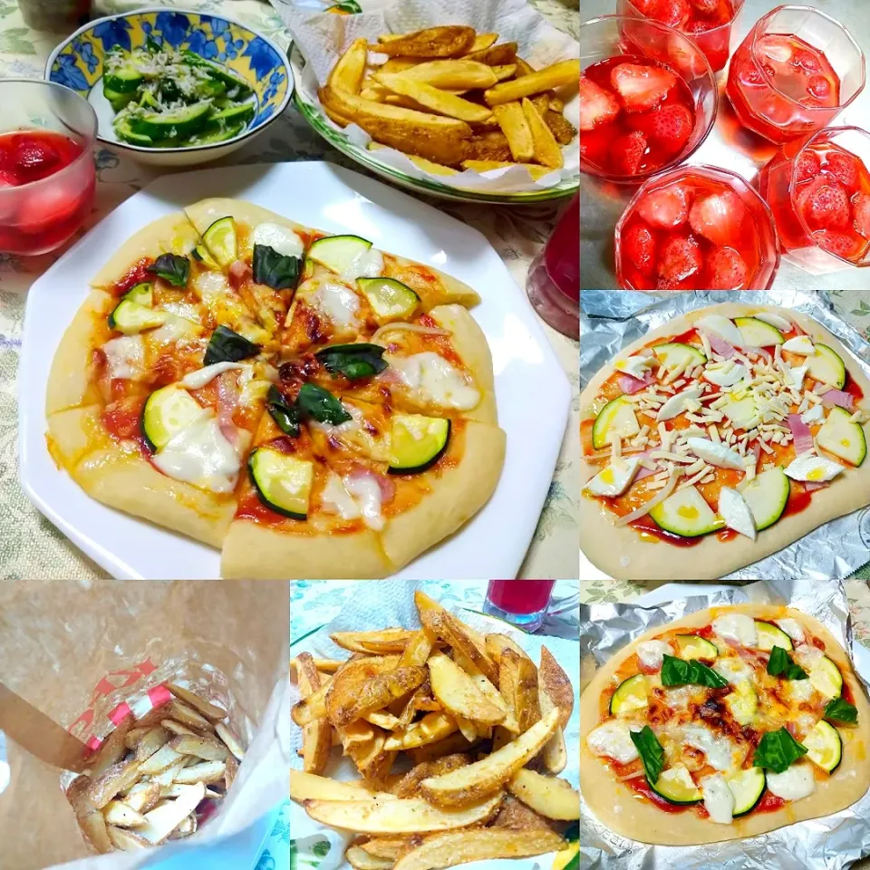 ズッキーニのミックスピザ🍕やみつきフライドポテト🍟無限キュウリ🥒いちごゼリー🍓|うたかた。さん