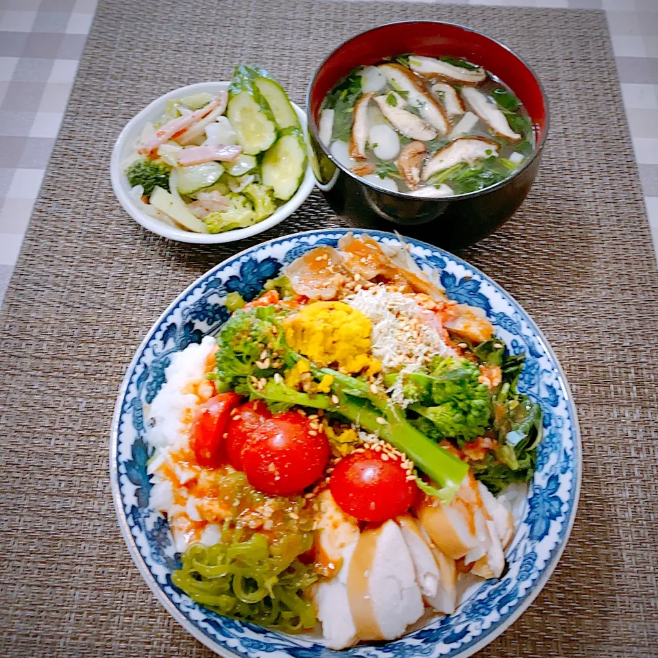 今日のお昼ごはん★サラダチキンとネバネバ野菜たっぷりの豆腐素麺★欲張っで具材を増やして辛めんつゆで頂きました‼️|riko30294さん