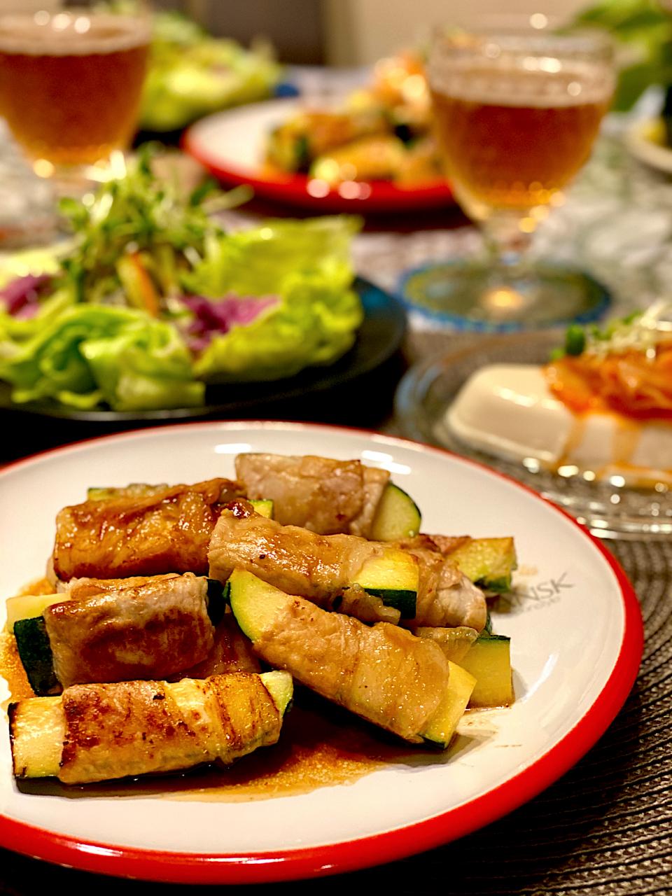 ズッキーニの 豚肉ちょい巻き🐷 and  中華春雨サラダandキムチ豆腐で夕食〜❣️