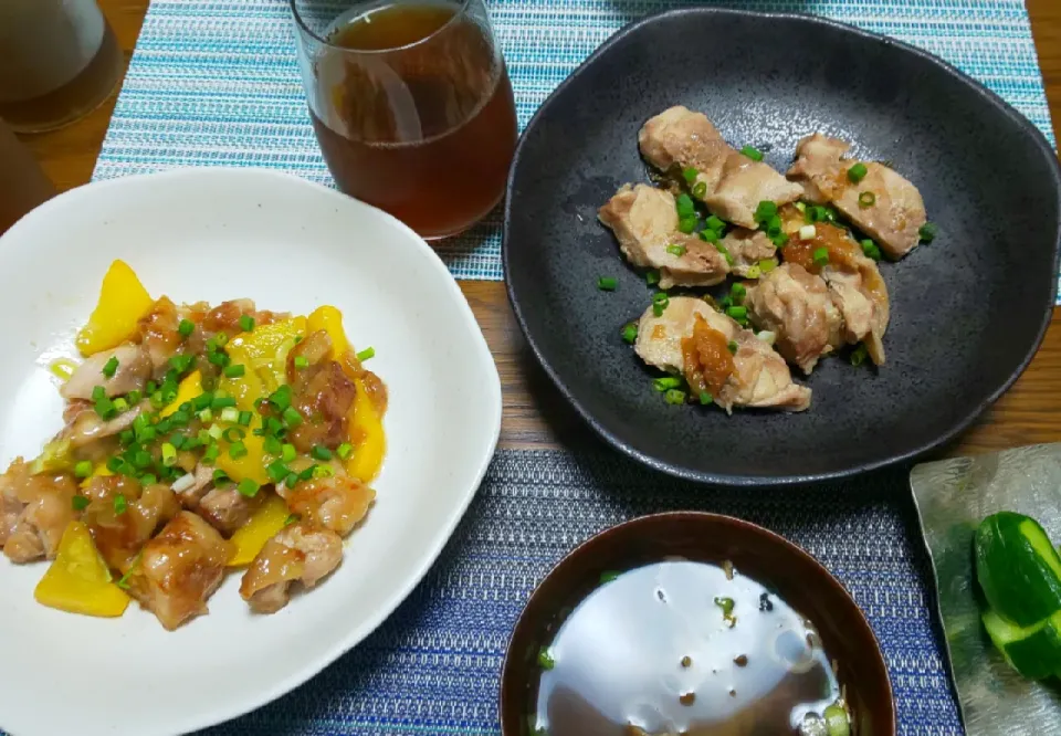 ◇鶏肉と黄色ズッキーニの甘辛炒め
◇鶏肉の梅肉と大葉蒸し
◇きゅうりぬか漬け
◇お吸い物|ぶるー子さん