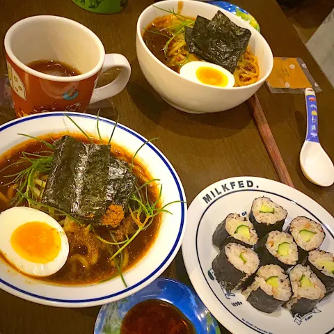 「おかひじき」を使ってみたSnapdishの料理・レシピ写真:スパイス醤油ラーメン　煮卵　焼き海苔　かっぱ巻き　アイスコーヒー