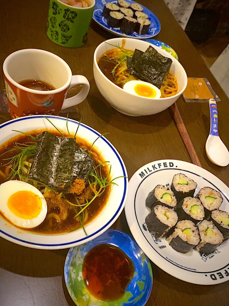 スパイス醤油ラーメン　煮卵　焼き海苔　かっぱ巻き　アイスコーヒー|ch＊K*∀o(^^*)♪さん