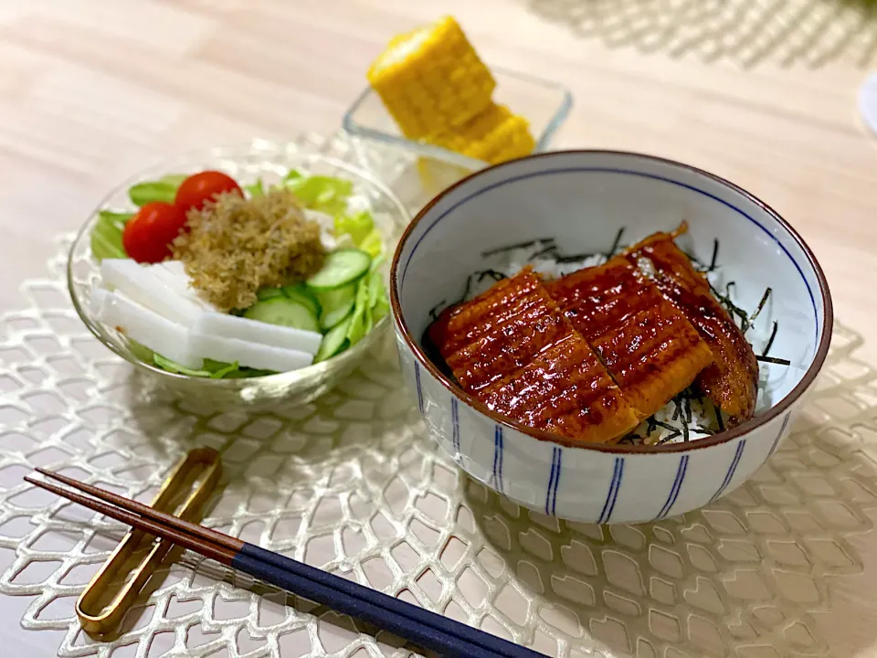 鰻丼／カリカリじゃこのサラダ|ひろさんとゆりさんさん