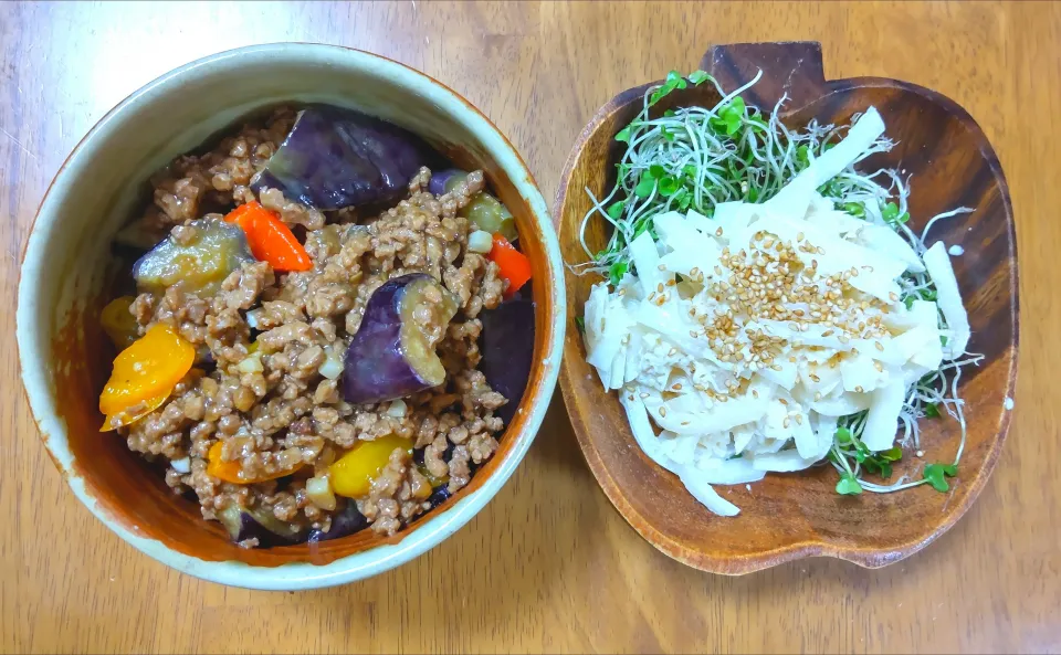 ７月４日　大豆のお肉で麻婆茄子丼　ほたてと大根のサラダ|いもこ。さん