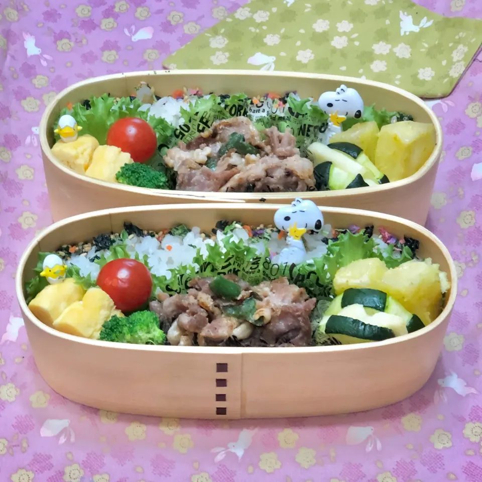 豚こま・ピーマン辛味噌炒め☘の双子ちゃんお弁当💙❤️ 6/16水|sweet homeさん