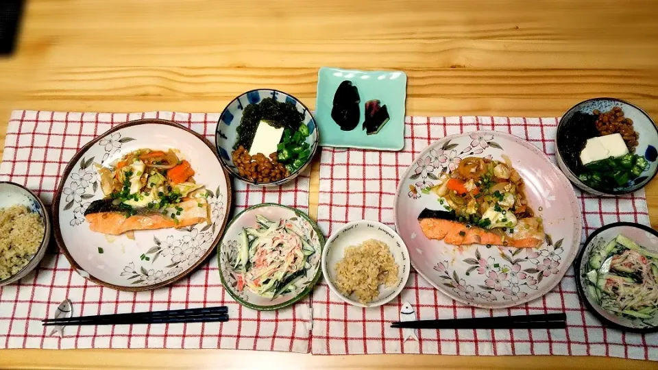 ちゃんちゃん焼き
カニかまときゅうりのからしマヨネーズ和え
ねばねば豆腐
なすのぬか漬け|ひろゴーヤさん