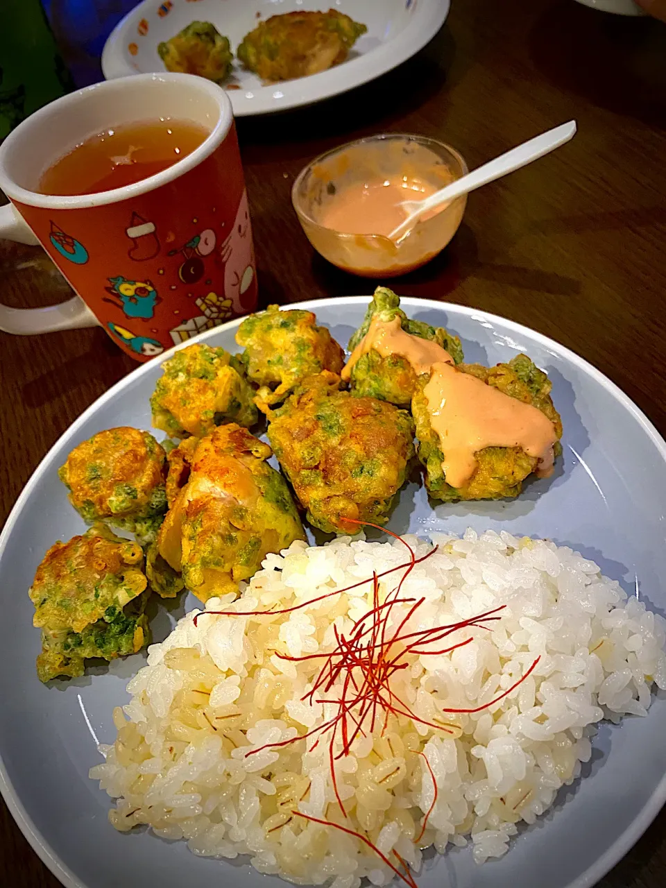 青海苔塩鶏唐揚げ　もち麦ごはん　アイスティー|ch＊K*∀o(^^*)♪さん