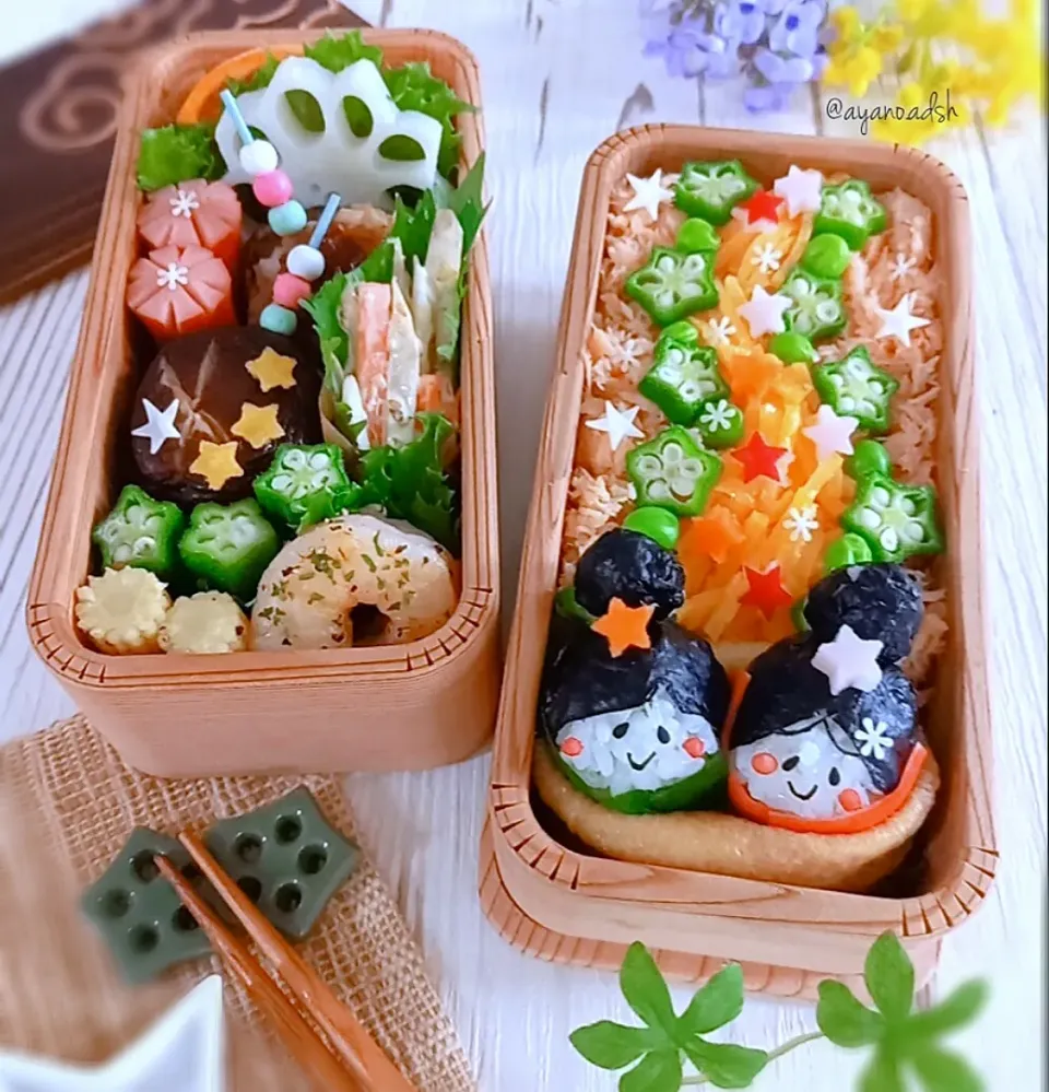 七夕🌌天の川弁当～鮭とたまごのそぼろご飯～
織姫ｻﾝと彦星ｻﾝおいなりさんボートで😊|ayano.adshさん