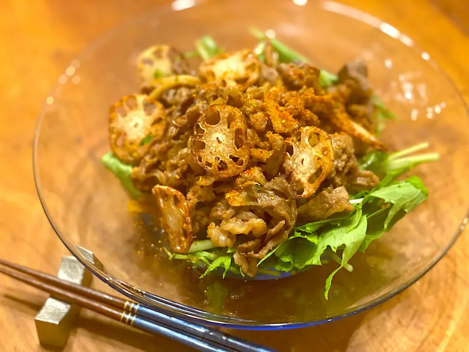 ピリ辛☆牛コマと蓮根、水菜の和風サラダ☺︎|まめすけ。さん