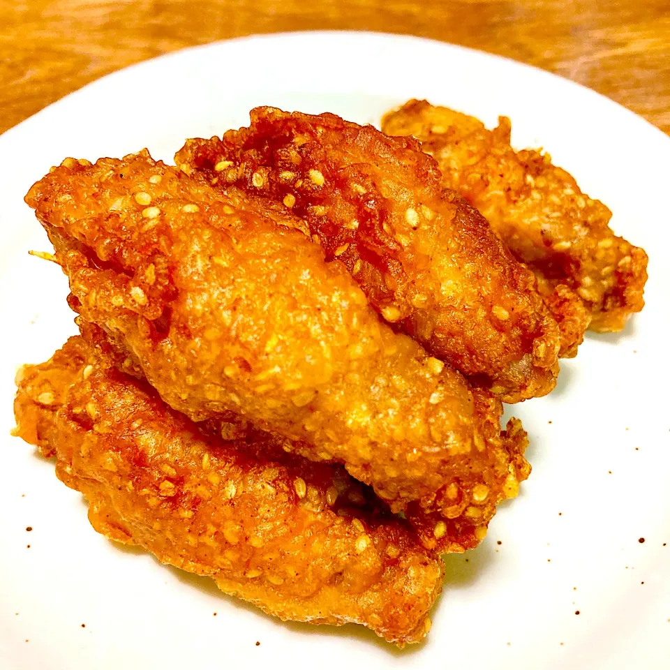 Snapdishの料理写真:手羽中の胡麻唐揚げ✨ほんのりカレー風味🍛モニター当選ありがとうございました😊|まいりさん