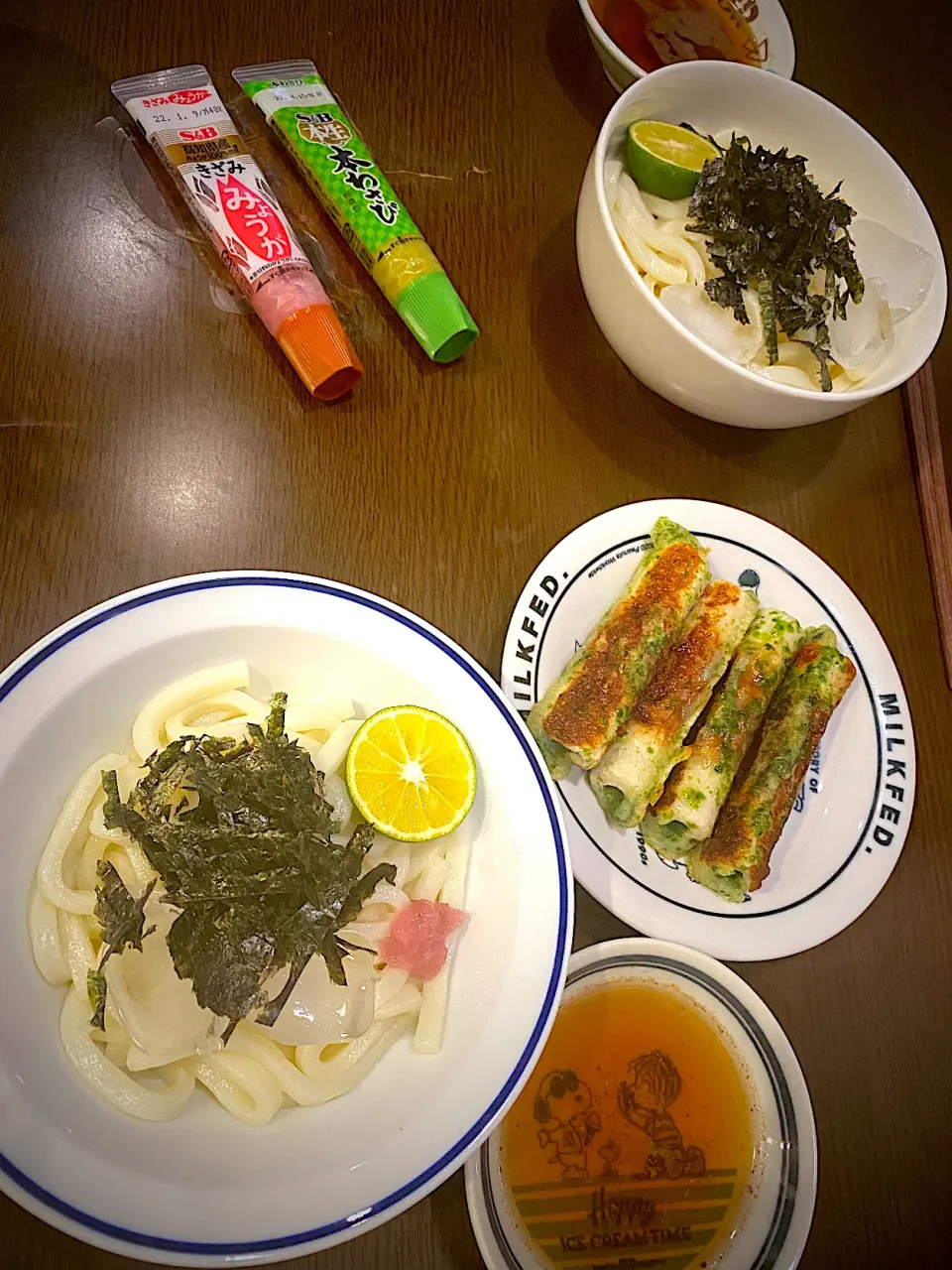 Snapdishの料理写真:すだち　おろし　ぶっ掛け冷やしうどん　もみ海苔　みょうがペースト　わさび　出汁醤油　竹輪の磯辺揚げ|ch＊K*∀o(^^*)♪さん