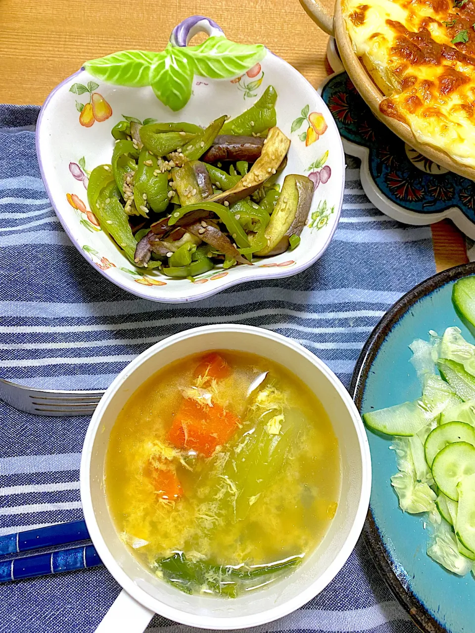 なすとピーマンのナムル🫑、青梗菜の卵ふわふわスープ🥚|1614さん