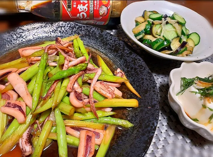 Yumiさんの料理
　イカとアスパラのバターうまかば
　い炒め
からビーさんの🍆🥒もみもみ✨|びせんさん